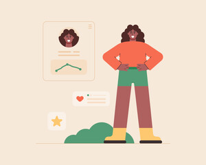 Flat cartoon woman character with Activity application. Activity tracking concept. Flat vector style.