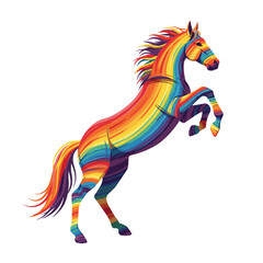 Colorful rainbow horse illustration rearing on white background , for equestrian projects, art, and animal conservation awareness.