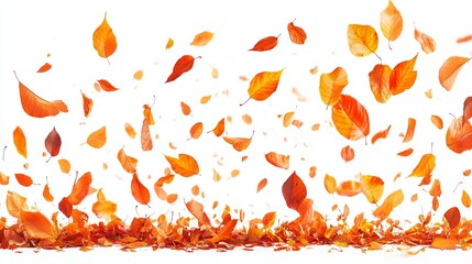 A vibrant collection of falling autumn leaves against a stark white background.  The leaves are various shades of orange and red, creating a dynamic, seasonal scene