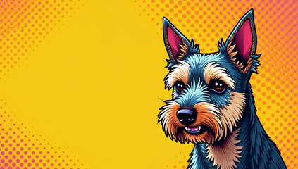 Colorful dog illustration pet portrait pop art style vibrant background happy expression detailed fur texture animal artwork digital painting playful mood bright yellow backdrop