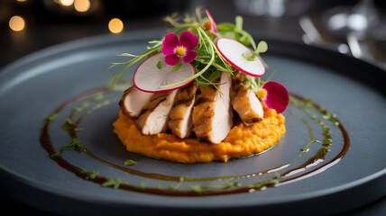 Grilled Chicken on Sweet Potato Puree with Radish and Flower Garnishes Displayed Elegantly on a Gray Plate
