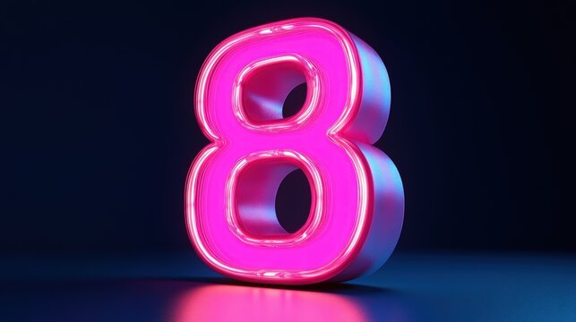 Pink neon number eight on dark background