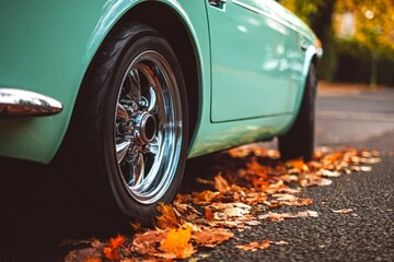 Green luxury car parking on autumn road, close-up of car wheel on fallen yellow leaves