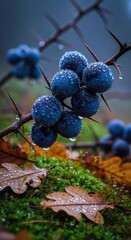 Vibrant berries and dewy leaves in a misty autumn setting with prickly thorns