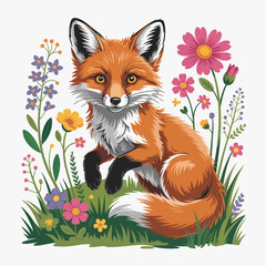 Obraz premium Fox in Flowers Illustration