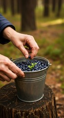 Hands harvesting blueberries in metal bucket in forested area