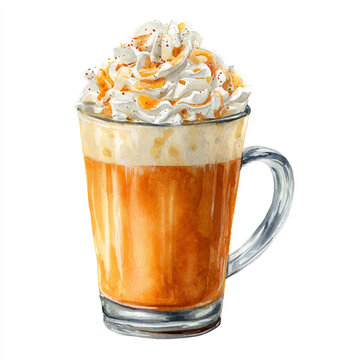 Watercolor art of pumpkin spice latte with whipped cream