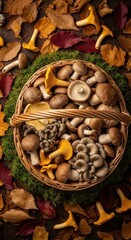 Autumn harvest: assortment of wild mushrooms in a woven basket on a bed of colorful fall leaves