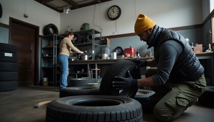 Tire workshop scene with person adjusting tires and another preparing tools in background