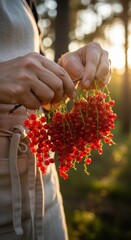 Hands holding fresh red currants in sunlit forest for natural harvest concept
