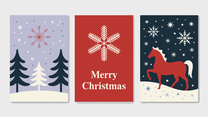 Three Christmas Cards with Snowy Forest, Merry Christmas Message, and Horse with Stars Illustration