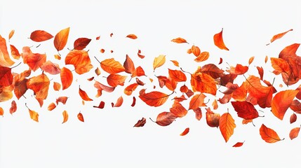 A stream of vibrant, autumnal leaves in various shades of red and orange, gracefully floating against a stark white backdrop