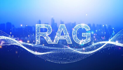 Abstract wave of binary code flowing into RAG letters made of light beams, high-contrast gradient background. RAG, Retrieval Augmented Generation, modern data concept