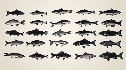 Set of Black - and - White Fish Illustrations for Design Projects 