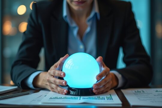 Businesswoman predicting future stock market trends using a crystal ball