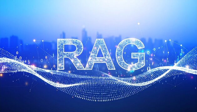 Abstract wave of binary code flowing into RAG letters made of light beams, high-contrast gradient background. RAG, Retrieval Augmented Generation, modern data concept