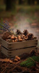 Rustic autumn wooden box with pinecones, acorns, and lavender in forest setting