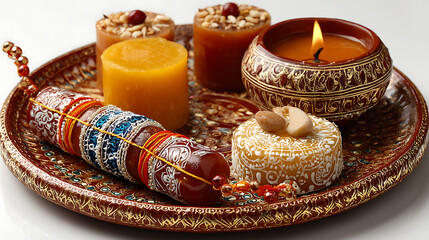 raksha bandhan with rakhi and indian sweets small diya 76718898 2