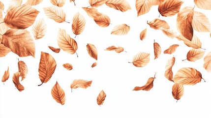 Falling autumn leaves in warm brown hues against a stark white background, creating a serene, natural scene