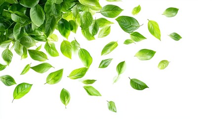 Lush green leaves cascade down a white background, creating a vibrant, fresh, and natural scene