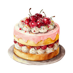 Watercolor vector illustration of Birthday Cake, isolated on white background.