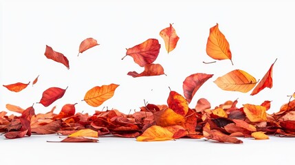 Autumn leaves in motion, falling and piled on a white background.  A vibrant display of red and orange foliage