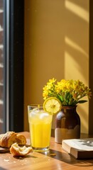 Refreshing lemonade with croissant by sunny window with yellow flowers