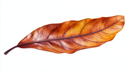 A single, dried leaf, elongated and ovate, displays rich, warm tones of brown and orange, exhibiting intricate vein patterns against a stark white background