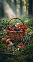 Basket of forest berries and mushrooms on mossy forest floor