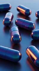 Shiny blue capsules on reflective surface with neon highlights