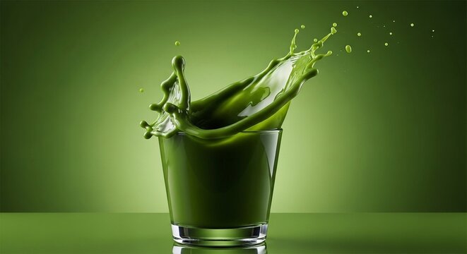 Vibrant green liquid splash frozen mid-air above a clear glass, promoting health and vitality.