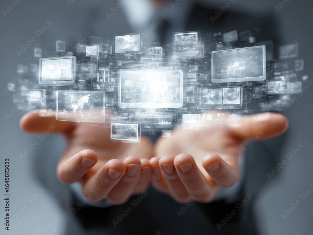 Poster hands hold floating digital screens in a futuristic technology display
