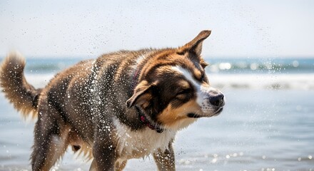 A brown and white dog shakes off water at the beach, droplets flying against the backdrop of the ocean, capturing a moment of pure joy and energy in a coastal setting