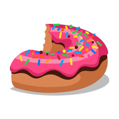 A delicious pink frosted donut with colorful sprinkles, partially eaten, showcasing its sweet texture and inviting appearance.