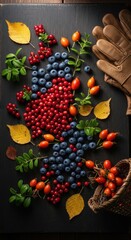 Autumn harvest: blueberries, rose hips, and fall leaves with garden tools