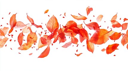 A stream of vibrant, orange-red petals floats against a stark white background, creating a dynamic and colorful image