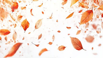 A flurry of vibrant, russet and orange leaves dances on a bright white background, creating a dynamic autumnal scene