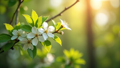 Close-up macro shot of delicate white cherry blossoms on branch with vibrant green leaves. Soft sunlight filters through trees, creating bokeh effect in background. Natural scene evokes feelings of