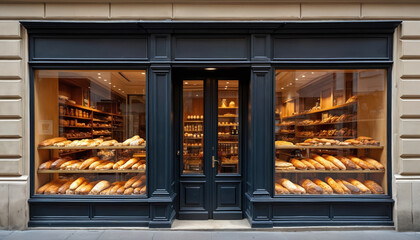 Traditional Parisian bakery window displays abundant fresh breads, pastries. Rustic facade with classic architecture invites customers. Delicious baked goods like baguettes, croissants, donuts