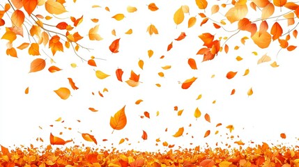 Vibrant autumn leaves falling against a white backdrop, creating a picturesque autumnal scene.  The leaves range in shades of orange and yellow, creating a sense of movement and the beauty of fall