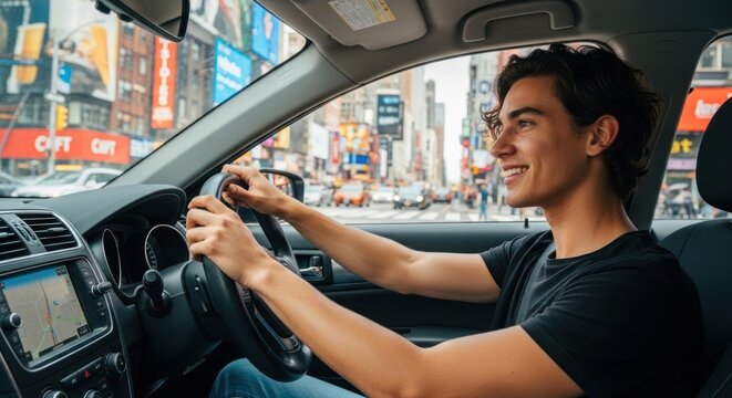 A young man driving a car in a city street, smiling and looking out the window.