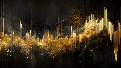 A stock market graph with a gold and black background, financial graphs in the foreground, and an upward trend on top of one of them