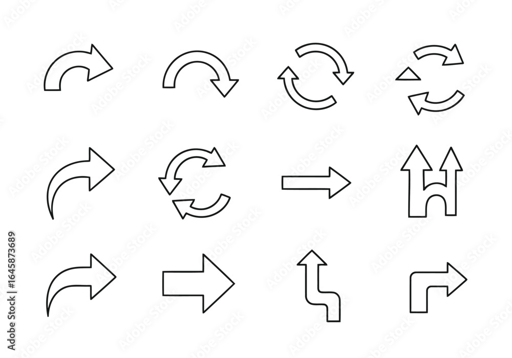 Poster collection of various arrow icons with different styles and directions, isolated on white background