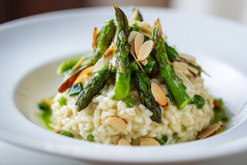 Creamy risotto with asparagus and almonds served in an elegant dish at a fine dining restaurant