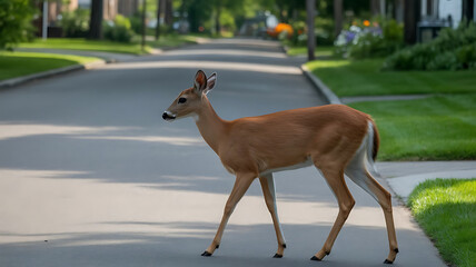 Graceful Deer Crossing a Suburban Street on a Sunny Day Peaceful Wildlife Encounter Amidst Neighborhood Scenery