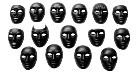 Rows of shiny black masks on black