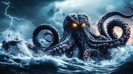 terrifying Kraken attacks ships in a raging storm. Its immense size and glowing eyes fill the scene with dread.