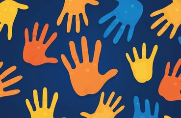 Fototapeta premium Colorful hand prints in orange, yellow, blue create playful, seamless pattern on dark blue background. Illustration represents unity, diversity, teamwork. Suitable for children themes, community