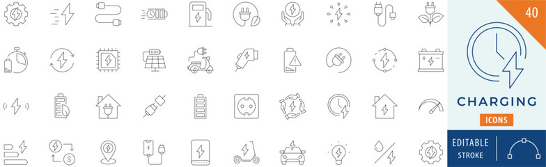 Charging icon collection set. Editable stroke.
