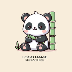 Cute kawaii panda sitting with bamboo logo icon vector . © mesbahul